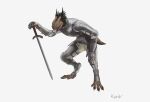  anthro armor bulge clothed clothing dark_souls digital_media_(artwork) dirty_clothing dragon dragonoid_(dark_souls) fromsoftware fur hair hi_res horn human kotia leaning leaning_forward looking_at_viewer male mammal melee_weapon open_mouth plate_armor simple_background solo tongue tongue_out video_games weapon 