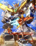  1boy absurdres aircraft airplane car cloud english_commentary fire_truck flying gao_ex_kaiser green_eyes ground_vehicle helmet highres holding holding_sword holding_weapon jet katana looking_at_viewer mecha motor_vehicle original police_car science_fiction shiny sky super_robot sword truck weapon 
