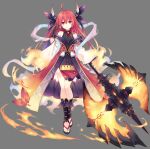  absurdres ahoge axe boots bow breasts date_a_live eyebrows_visible_through_hair fantasia_re:build fire full_body hair_between_eyes hair_ornament highres horns itsuka_kotori japanese_clothes long_hair non-web_source official_art red_eyes red_hair small_breasts toeless_footwear tsunako very_long_hair weapon 
