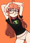  1girl absurdres alien arms_up black-framed_eyewear colo_(nagrolaz) cowboy_shot glasses highres long_hair orange_background orange_hair panties persona persona_5 sakura_futaba shirt solo underwear 