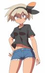  1girl abs alternate_costume bangs bea_(pokemon) black_hairband black_shirt blonde_hair blue_shorts blush bow_hairband closed_mouth commentary_request cowboy_shot denim denim_shorts grey_eyes hair_between_eyes hairband hand_on_hip highres kurachi_mizuki looking_at_viewer navel pokemon pokemon_(game) pokemon_swsh shirt short_hair short_shorts short_sleeves shorts solo t-shirt white_background 