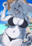  1girl animal_ears animal_nose bikini black_bikini blue_sky body_fur breasts cloud collarbone commentary day eyes_visible_through_hair fangs furry furry_female hand_on_headwear highres kikurage_(crayon_arts) large_breasts long_hair looking_at_viewer navel ocean open_mouth original outdoors sky smile snout solo swimsuit tail teeth white_fur white_hair yellow_eyes 
