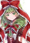  1girl bangs bow bowtie closed_mouth dress eyebrows_visible_through_hair frilled_bowtie frilled_ribbon frilled_sleeves frills front_ponytail green_eyes green_hair hair_bow hair_ribbon jaku_sono kagiyama_hina looking_at_viewer medium_hair puffy_short_sleeves puffy_sleeves red_bow red_bowtie red_dress red_ribbon ribbon short_sleeves smile solo touhou upper_body white_background 