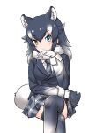  1girl animal_ears blue_eyes blush coat crossed_legs extra_ears eyebrows_visible_through_hair fur_collar gloves grey_coat grey_hair grey_legwear grey_necktie grey_skirt grey_wolf_(kemono_friends) heterochromia highres kemono_friends long_hair long_sleeves looking_at_viewer multicolored_hair necktie plaid plaid_necktie plaid_skirt plaid_trim pleated_skirt sidelocks sitting skirt sleeve_cuffs solo tail thighhighs uf34a white_fur white_gloves white_hair wolf_ears wolf_girl wolf_tail yellow_eyes zettai_ryouiki 