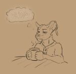  anthro coffee_mug cougar dungeons_and_dragons ear_piercing fek fekkri_talot felid feline furniture hasbro jewelry low_res male mammal monochrome necklace necklace_only nude piercing simple_background sketch solo static tabaxi table thought_bubble tired_eyes wizards_of_the_coast 