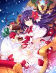  absurdres bag breasts cake date_a_live dress eating fantasia_re:build food food-themed_clothes frilled_dress frills fruit gloves hair_ornament highres long_hair macaron medium_breasts mittens non-web_source official_art ponytail purple_eyes purple_hair sleigh strawberry tsunako very_long_hair yatogami_tooka 
