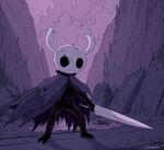  2020 anthro biped cloak clothing detailed_background holding_object holding_weapon hollow_knight mask protagonist_(hollow_knight) rovingneophyte solo standing team_cherry vessel_(species) video_games weapon 