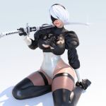  1girl absurdres black_blindfold black_footwear black_legwear blindfold boots breasts cleavage gloves hairband highres holding holding_weapon juliet_sleeves kneeling large_breasts leotard long_sleeves medium_breasts nier_(series) nier_automata popogori puffy_sleeves shiny shiny_skin short_hair sword thigh_boots thighhighs virtuous_contract weapon white_gloves white_hair yorha_no._2_type_b 