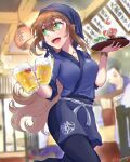  1girl :d artist_name beer_mug blurry blurry_background bracelet breasts brown_hair chair cleavage cup green_eyes heart highres holding holding_tray indoors izakaya jewelry lantern matsunaga_iori motoja_72p mug necklace open_mouth paper_lantern samue shrimp smile sweat tray twitter_username vocaloid vsinger 