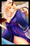  1girl absurdres blonde_hair blue_kimono breasts cleavage collarbone cup equality_taira highres horns hoshiguma_yuugi hoshiguma_yuugi_(promo) japanese_clothes kimono large_breasts off-shoulder_kimono off_shoulder official_alternate_costume pointy_ears ponytail red_eyes red_nails sakazuki single_horn smile solo touhou v-shaped_eyebrows 