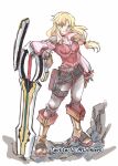  1girl belt blonde_hair boots breasts clarissa_arwin closed_mouth full_body gloves green_eyes high_heel_boots high_heels huge_weapon link_(aa30) long_hair looking_at_viewer low-tied_long_hair protected_link smile solo sword weapon wild_arms wild_arms_xf 