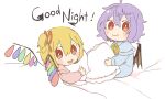  2girls alternate_costume bat_wings bed blanket blonde_hair blue_nightgown blush_stickers bright_pupils chibi citrus_(place) closed_mouth commentary crystal fang flandre_scarlet hair_between_eyes hair_ribbon looking_at_viewer looking_back multiple_girls neckerchief nightgown one_side_up open_mouth pillow purple_hair red_eyes red_nightgown red_ribbon remilia_scarlet ribbon short_hair smile touhou white_pupils wings yellow_neckerchief 