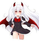  1girl bangs black_dress bow bowtie closed_mouth cowboy_shot demon_girl demon_horns dress evo_grim eyebrows_visible_through_hair grim_aloe highres horns inema_11 long_hair long_sleeves looking_at_viewer quiz_magic_academy_the_world_evolve red_bow red_bowtie red_eyes red_horns red_wings simple_background smile solo standing twintails white_background white_hair wings 