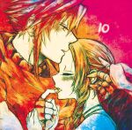  1boy 1girl 39cva aerith_gainsborough bangs blush braid braided_ponytail cape choker claws closed_eyes cloud_strife couple final_fantasy final_fantasy_vii fingerless_gloves gloves hair_ribbon hand_in_another&#039;s_hair highres holding_hands kingdom_hearts licking licking_finger limited_palette parted_bangs pink_background red_cape ribbon sidelocks sleeveless sleeveless_turtleneck spiked_hair turtleneck upper_body wavy_hair 