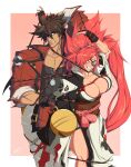  1boy 1girl absurdres amputee angry baiken bell bound bound_together breasts brown_hair cleavage collarbone dark-skinned_male dark_skin english_commentary eyepatch facial_tattoo fang guilty_gear guilty_gear_strive headband height_difference highres jacket japanese_clothes jingle_bell kataginu large_breasts long_hair no_bra obi one-eyed oversized_object patsky_bebop pectorals pink_eyes pink_hair ponytail red_headband red_jacket rope sash scar scar_across_eye sleeves_pushed_up sol_badguy spiked_hair tattoo teeth tied_up_(nonsexual) very_long_hair you&#039;re_doing_it_wrong 