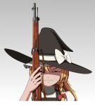  1girl bangs black_eyes black_headwear black_vest bow braid commentary_request cookie_(touhou) golden_kamuy grey_background grin gun hair_between_eyes hair_bow hat hat_bow holding holding_gun holding_weapon kirisame_marisa long_hair looking_at_viewer ogata_hyakunosuke ponkotsu_ryodan red_bow rifle scar scar_on_cheek scar_on_face shaded_face shirt side_braid single_braid smile solo suzu_(cookie) touhou unusually_open_eyes upper_body vest weapon white_bow white_shirt witch_hat 
