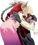  1boy 1girl aerith_gainsborough arm_ribbon armor asymmetrical_hair black_gloves black_shirt blonde_hair blue_eyes bracelet braid braided_ponytail brown_hair cloud_strife collaboration couple cropped_jacket crying dress final_fantasy final_fantasy_vii final_fantasy_vii_advent_children ghost gloves hair_ribbon high_collar highres jacket jewelry long_dress mikuroron muscular muscular_male open_collar outstretched_arms parted_lips pink_dress reaching_out red_jacket ribbon shirt shoulder_armor sidelocks spiked_hair strap talesofmea tears transparent upper_body white_background 