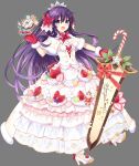  breasts christmas date_a_live doughnut dress fantasia_re:build food frilled_dress frills fruit gloves hair_ornament high_heels highres long_hair medium_breasts mittens non-web_source official_art ponytail purple_eyes purple_hair strawberry sword tsunako very_long_hair weapon yatogami_tooka 