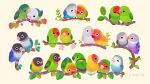  animal animal_focus artist_name beak bird black_eyes branch closed_eyes closed_mouth commentary couple english_commentary happy leaf lovebird no_humans nuzzle open_mouth original parrot pikaole simple_background solid_circle_eyes watermark white_background yellow_eyes 