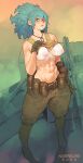  1girl abs absurdres artist_name blue_eyes blue_hair boots breasts brown_footwear brown_pants closed_mouth collarbone dog_tags earrings eyebrows_visible_through_hair highres jewelry large_breasts leona_heidern lips looking_at_viewer navel nipples norasuko pants short_hair solo standing sweat tan tanlines the_king_of_fighters 