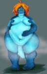  2022 5_toes absurd_res amphibian anthro balls belly big_belly big_penis blue_body blue_skin bodily_fluids breasts dustin_(sfd) feet frog genital_fluids genitals glistening glistening_body green_eyes gynomorph hair hi_res intersex musk navel nipples obese obese_anthro obese_gynomorph obese_intersex orange_hair overweight overweight_anthro overweight_gynomorph overweight_intersex penis precum shadowfirdark solo steam sweat thick_thighs toes wide_hips 