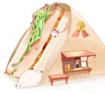  1girl animal apron awning bear bench bird chai_(drawingchisanne) commentary_request food food_focus in_food ketchup_bottle minigirl mustard_bottle on_food original penguin polar_bear sandwich shop signature sliding undersized_animal white_background wrapper 