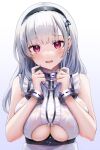 1girl anchor_choker azur_lane bangs bare_arms bare_shoulders black_hairband blue_background blunt_bangs blush breasts cleavage clothing_cutout collar commentary cuffs dido_(azur_lane) earrings eyebrows_visible_through_hair frilled_shirt frills gradient gradient_background grey_hair hairband hands_up highres holding holding_hair jewelry large_breasts long_hair looking_at_viewer metal_collar neit_ni_sei open_mouth pink_eyes raised_eyebrows shirt single_earring sleeveless sleeveless_shirt solo tearing_up underboob underboob_cutout upper_body water_drop wavy_mouth wet wet_clothes wet_hair wet_shirt white_background white_shirt 