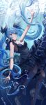  1girl absurdres arm_up armpits bangs barefoot black_dress blue_eyes blue_hair blush breasts bubble cleavage commentary dress feet fish frilled_dress frills full_body hatsune_miku highres lips long_hair medium_breasts parted_lips shinkai_shoujo_(vocaloid) silvertsuki solo thighs twintails underwater very_long_hair vocaloid 
