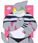  anthro bikini bikini_bottom blush clothing colored_nails embarrassed fish grey_body grin heterochromia kimagu_02 male marine nails pattern_clothing pattern_shirt pattern_topwear shark sharp_teeth shirt smile solo striped_clothing striped_shirt striped_topwear stripes swimwear teeth topwear 