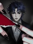  1boy black_nails blue_eyes blue_hair claws close-up dio_brando fingernails formal hand_focus highres jojo_no_kimyou_na_bouken jonathan_joestar male_focus phantom_blood photo_(object) ranch_jjba sharp_fingernails suit 