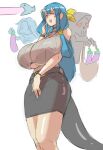  1girl alternate_breast_size bag belt black_skirt black_tail blue_hair bralines breasts clothing_cutout dizzy_(guilty_gear) eggplant english_commentary eu03 guilty_gear huge_breasts jewelry justice_(guilty_gear) laughing long_hair mature_female older pencil_skirt ribbed_sweater ring shopping_bag sketch skirt sleeveless sleeveless_turtleneck solo sweatdrop sweater tail turtleneck turtleneck_sweater underboob underboob_cutout undine_(guilty_gear) unfinished wedding_band 