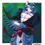  abs absurd_res anthro asian_clothing blue_body blue_fur chardonnay_romancia clothing east_asian_clothing felid fundoshi fur hi_res japanese_clothing katana kinos_tigre male mammal manothesea melee_weapon muscular muscular_male nipples pantherine pecs solo sword tiger underwear weapon 