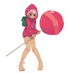  1girl :o backpack bad_feet bag bangs bare_legs barefoot benzbt blush brown_eyes candy cookie_run drawstring food full_body holding holding_candy holding_food holding_lollipop hood hood_up hoodie knees_together_feet_apart lollipop long_sleeves no_pants oversized_food pink_hair pom_pom_(clothes) signature simple_background solo standing strawberry_cookie tan two-handed white_background 