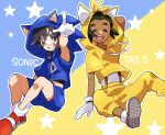  2boys :d aria_pkmn bangs black_hair black_shirt blue_jacket blue_shorts character_name closed_eyes commentary_request cosplay dark-skinned_male dark_skin elio_(pokemon) gloves grn hau_(pokemon) highres hood hood_up hooded_jacket jacket leg_warmers looking_at_viewer male_focus multiple_boys open_mouth outline pants pointing pokemon pokemon_(game) pokemon_sm red_footwear shirt shoes short_hair short_sleeves shorts smile sneakers sonic_(series) sonic_the_hedgehog sonic_the_hedgehog_(cosplay) star_(symbol) suspenders tails_(sonic) tails_(sonic)_(cosplay) teeth tongue two-tone_background upper_teeth white_footwear white_gloves white_legwear white_shirt yellow_jacket yellow_pants 