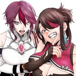  2girls beidou_(genshin_impact) breasts brown_hair cleavage_cutout clothing_cutout earrings eyepatch fangs genshin_impact highres jewelry large_breasts multiple_girls red_hair rosaria_(genshin_impact) teeth tongue tongue_out yuushiba 