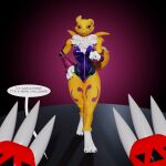  2022 animated anthro bandai_namco bodysuit breasts clothing dialogue digimon digimon_(species) digital_media_(artwork) duo english_text female first_person_view guilmon ikugo_(artist) inviting looking_at_viewer loop male no_sound renamon skinsuit text tight_clothing walk_cycle wide_hips 