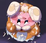 absurd_res animal_kirby blue_background blush bodily_fluids clothing costume cum cum_everywhere cum_in_pussy cum_inside female fursuit genital_fluids genitals hi_res kirby kirby_(series) messy nintendo pink_body poi_(artist) pussy simple_background solo upside_down video_games waddling_head 
