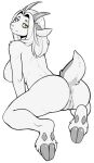  2021 2_toes anthro anus areola big_breasts big_butt biped bovid breasts butt caprine digital_drawing_(artwork) digital_media_(artwork) eyebrows feet female floppy_ears fur genitals goat green_eyes grey_body grey_fur grey_horn grey_tail hair hi_res horizontal_pupils horn kneeling long_hair looking_at_viewer looking_back mammal nude pinup pose pupils pussy rear_view short_tail side_boob simple_background smile solo toes white_background zeekzag 