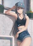  1girl armpits bare_shoulders black_tank_top blush breasts grey_hair hat highres long_hair medium_breasts navel outdoors plant purple_eyes raiz_art_works sakurajima_mai seishun_buta_yarou shorts smile solo standing tank_top 