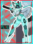  4_toes 5_fingers anthro blue_body blue_eyes blush breasts claws digital_media_(artwork) featureless_breasts featureless_crotch feet female fingers fur hair hi_res machine markings protogen quiverthorn red_body simple_background smile solo text toes turquoise_hair weapon white_body 
