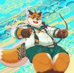  2022 anthro belly big_belly black_nose bottomwear bow_(weapon) canid canine clothing cute_fangs fox hi_res humanoid_hands iyo_(tamacolle) kemono male mammal orange_body overweight overweight_male ranged_weapon shirt shorts solo starston tamacolle topwear weapon 