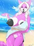  absurd_res anthro areola beach big_breasts black_areola black_lips black_nipples black_tongue blue_eyes breasts canid canine canis clothing dress female flashing flashing_breasts flashing_pussy fur galacticmichi genitals hair hi_res huge_breasts lips looking_at_viewer mammal nipples peach_pussy pink_body pink_fur plump_labia pubes pussy sea seaside smile smiling_at_viewer solo tongue water white_hair wolf yuni_hermit 