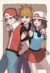 1girl 2boys bangs baseball_cap black_shirt black_wristband blue_oak blue_shirt border brown_background brown_eyes brown_hair bucket_hat closed_mouth grey_asa hair_flaps hat highres jacket jewelry leaf_(pokemon) long_hair multiple_boys necklace open_mouth pants pleated_skirt pokemon pokemon_(game) pokemon_frlg purple_pants red_(pokemon) red_headwear red_jacket red_skirt shirt short_hair skirt sleeveless sleeveless_jacket sleeveless_shirt smile spiked_hair symbol-only_commentary t-shirt tongue white_headwear wristband 