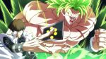  2boys arm_belt aura black_shirt blank_eyes blue_eyes broly_(dragon_ball_super) brown_hair card closed_mouth crossover dragon_ball dragon_ball_super dragon_ball_super_broly expressionless green_hair holding holding_card kaiba_seto legendary_super_saiyan male_focus multiple_boys muscular muscular_male open_mouth rom_(20) scar scar_on_chest shirt short_hair spiked_hair super_saiyan yu-gi-oh! yu-gi-oh!_duel_monsters 