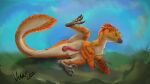  absurd_res animal_genitalia autumn claws cloaca dinosaur dromaeosaurid feathered_crest feathers feral genitals head_crest hi_res male orange_body orange_feathers penis presenting raised_leg raised_tail reptile scalie sherbet_autumn sherbet_autumn_(divas) solo tapering_penis theropod thyvixie winged_arms wings 