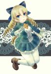  1girl alice_elliot amenoimo blonde_hair blue_eyes bow breasts character_request closed_mouth cosplay dated dress full_body gloves hair_bow highres long_hair looking_at_viewer pantyhose shadow_hearts skirt smile solo white_legwear 