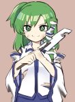  1girl blue_skirt breasts burnt_clothes closed_mouth collared_vest commentary_request crying crying_with_eyes_open detached_sleeves dirty dirty_face frog_hair_ornament gohei green_eyes green_hair hair_ornament hair_tubes highres holding kochiya_sanae long_hair long_sleeves looking_at_viewer medium_breasts min1223 oonusa pink_background simple_background skirt smile snake_hair_ornament solo star-shaped_pupils star_(symbol) symbol-shaped_pupils tears torn_clothes touhou unfinished upper_body v-shaped_eyebrows vest white_sleeves white_vest 