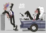  absurd_res anthro black_nose bottomwear brown_body canid canine canis car chibetto clothing concept_art dreamworks eyes_closed eyewear hi_res humanoid_hands male mammal mr._wolf_(the_bad_guys) necktie official_art pants pillow shirt solo sunglasses the_bad_guys topwear vehicle wolf 