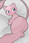  &lt;3 &lt;3_eyes a_sparrow ambiguous_gender anticipation bed big_butt blue_eyes butt feral fur furniture grey_bedding hi_res legendary_pok&eacute;mon looking_back looking_pleasured lying mew nintendo on_bed on_model on_side pink_body pink_fur pok&eacute;mon pok&eacute;mon_(species) raised_tail rear_view solo video_games 