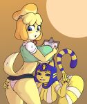  animal_crossing ankha_(animal_crossing) anthro blue_eyes blue_hair butt butt_grab canid canine canis domestic_cat domestic_dog duo felid feline felis female female/female fur gesture hair hand_on_butt hi_res isabelle_(animal_crossing) mammal nintendo razzybun v_sign video_games yellow_body yellow_fur 